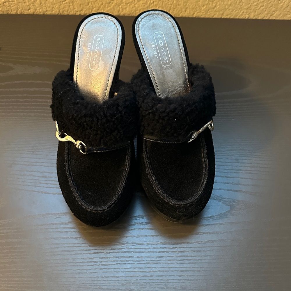 Coach Black Mules with Faux Fur and Silver Detail Size 6